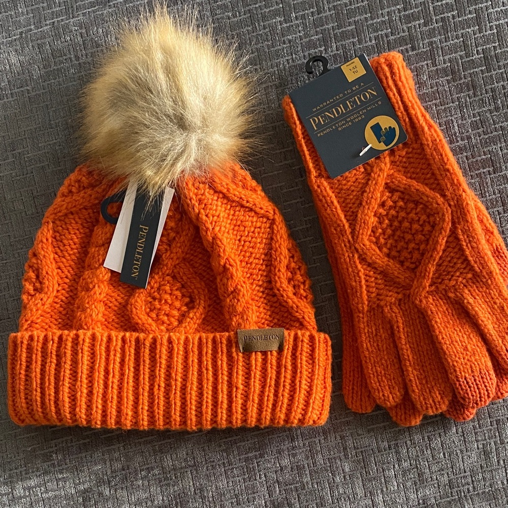 Pendleton Bright Orange Knit Hat and Gloves Set